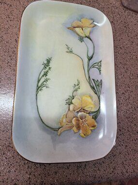 Vtg Rossini Trinket Dish Hand Painted Floral Design 10" x 6" Gold Trim